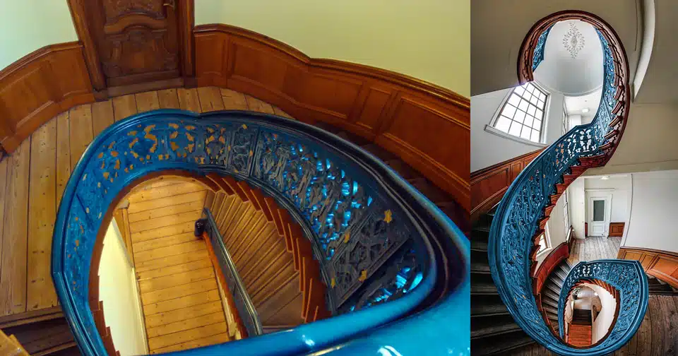 English-style carved wooden staircase at the Museum of the Bible in Amsterdam резная деревянная лестница в английском стиле в музее Библии в Амстердаме